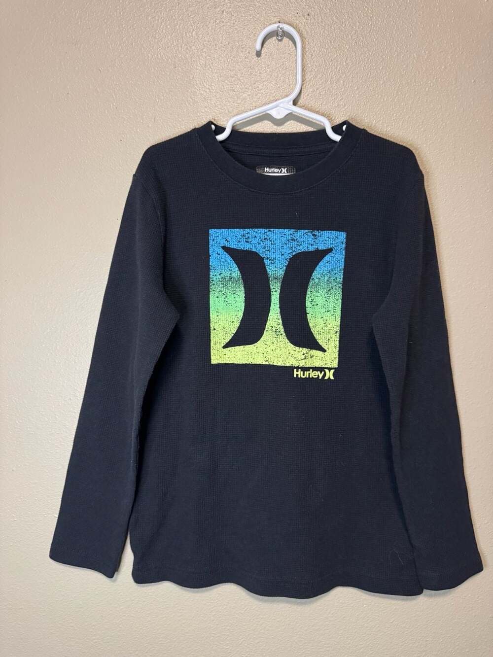 Hurley Long Sleeve Thermal Shirt Size 7/8 Black Graphic